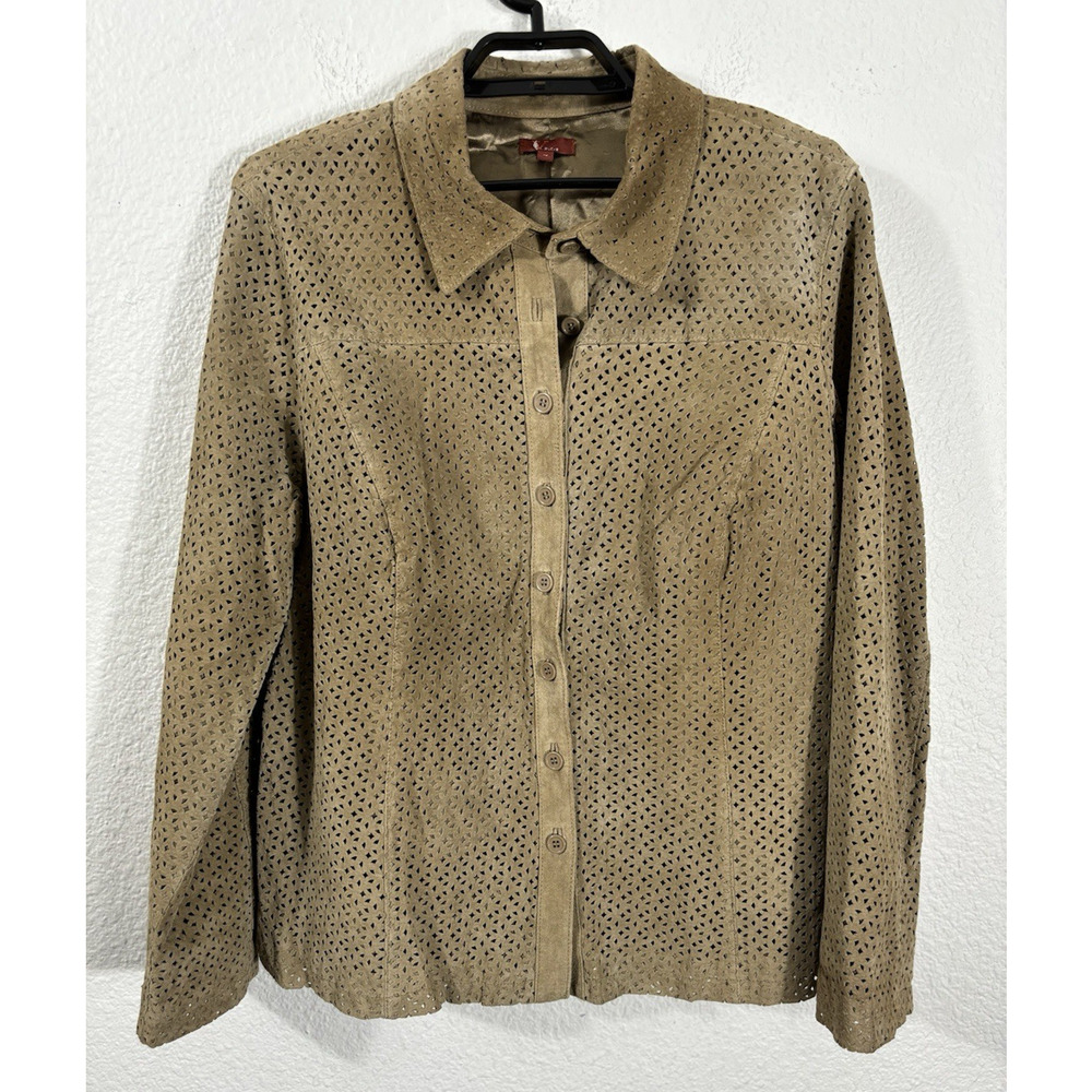 Vintage V by Eva Jacket Shackett Size XL Brown Leather Cutouts Lined Long Sleeve